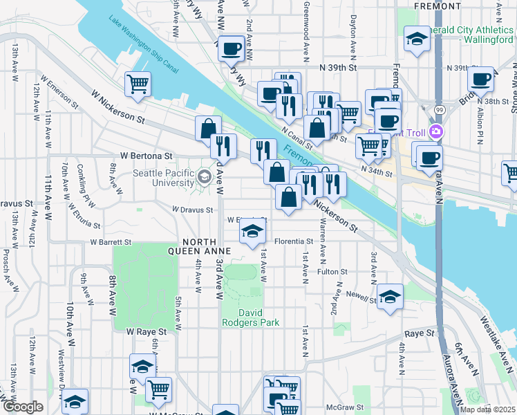 map of restaurants, bars, coffee shops, grocery stores, and more near in Seattle
