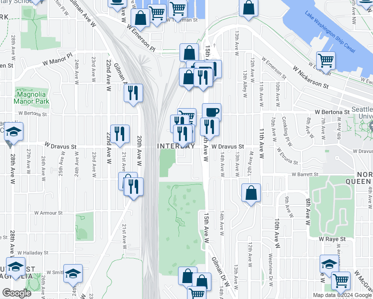 map of restaurants, bars, coffee shops, grocery stores, and more near 3216 16th Avenue West in Seattle