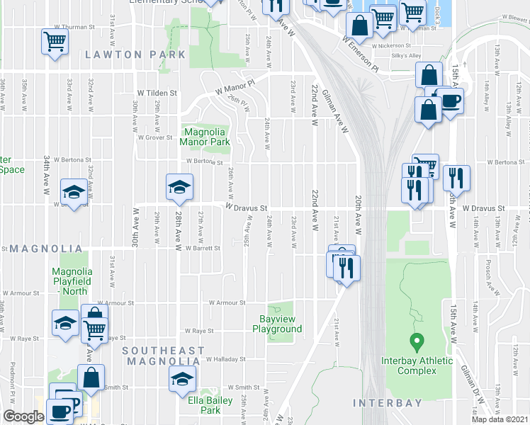 map of restaurants, bars, coffee shops, grocery stores, and more near 3213 24th Avenue West in Seattle