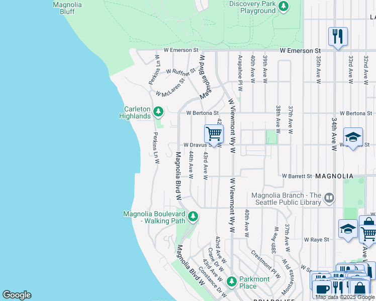map of restaurants, bars, coffee shops, grocery stores, and more near 3051 44th Avenue West in Seattle
