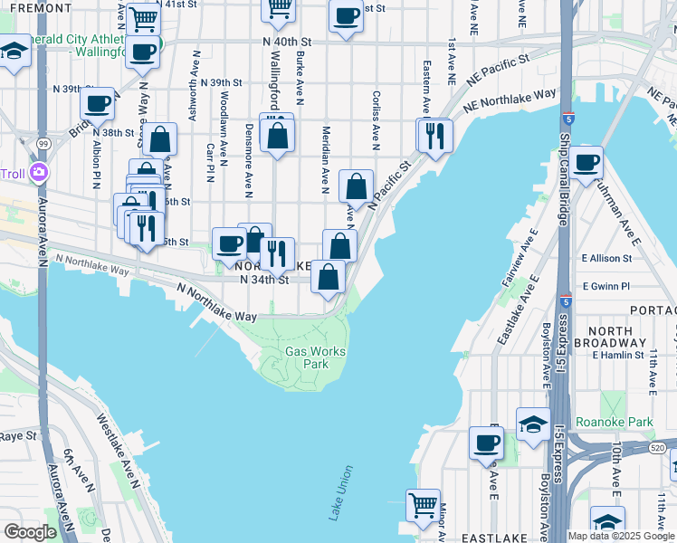 map of restaurants, bars, coffee shops, grocery stores, and more near 2108 North Pacific Street in Seattle