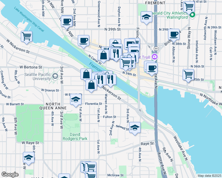 map of restaurants, bars, coffee shops, grocery stores, and more near 192 Etruria Street in Seattle