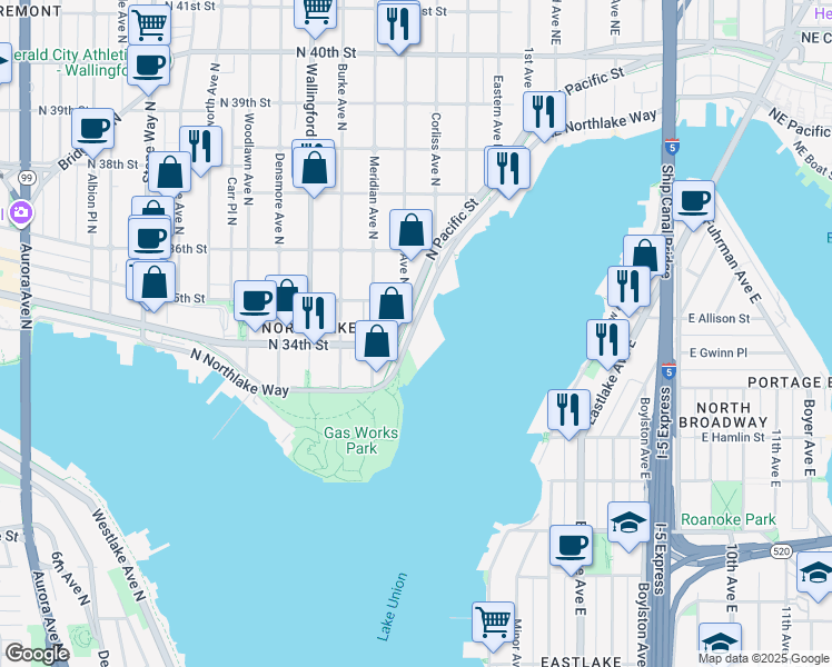 map of restaurants, bars, coffee shops, grocery stores, and more near 2151 North Northlake Way in Seattle
