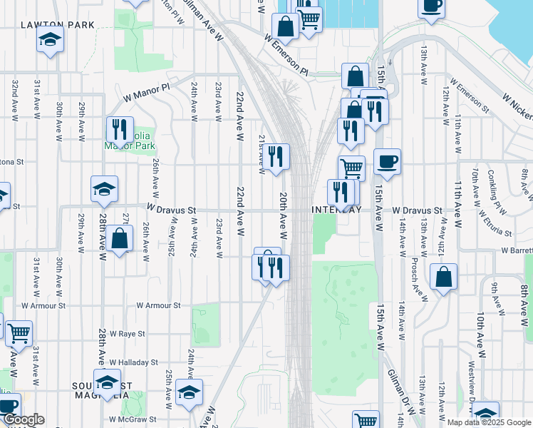 map of restaurants, bars, coffee shops, grocery stores, and more near 3217 21st Avenue West in Seattle