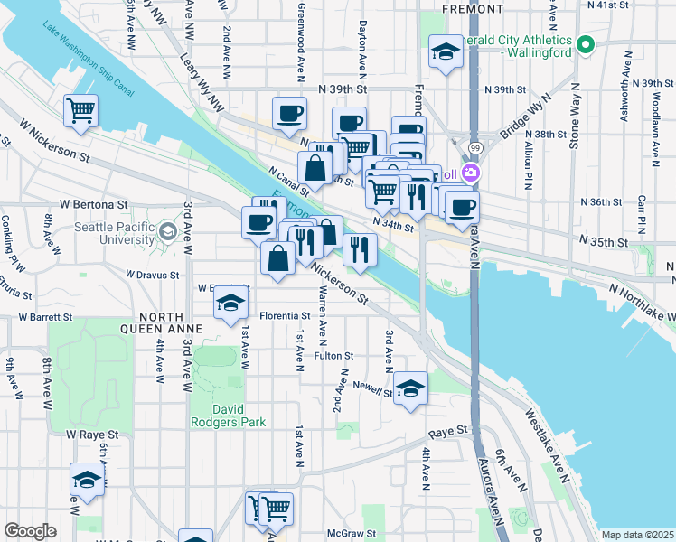 map of restaurants, bars, coffee shops, grocery stores, and more near 192 Etruria Street in Seattle