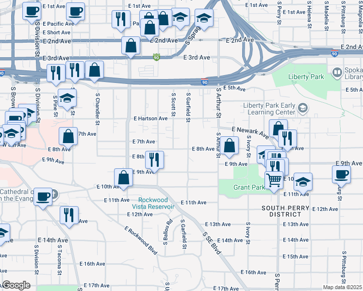 map of restaurants, bars, coffee shops, grocery stores, and more near 815 East 8th Avenue in Spokane