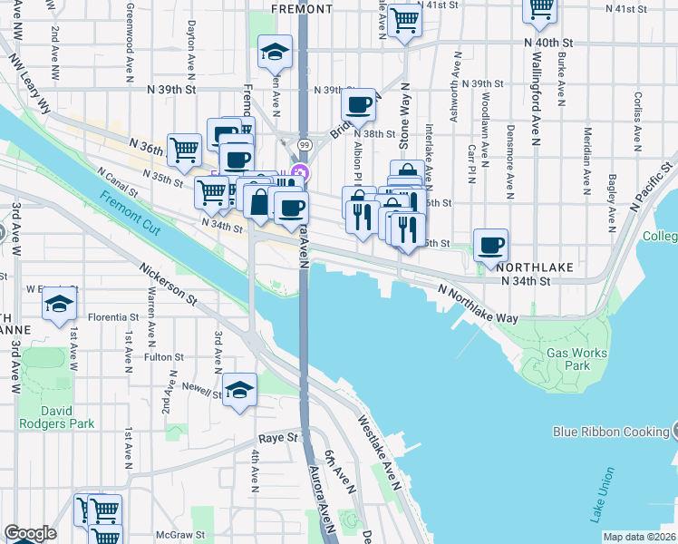 map of restaurants, bars, coffee shops, grocery stores, and more near 937 North Northlake Way in Seattle