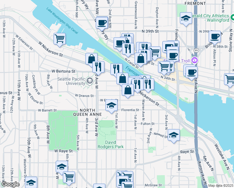 map of restaurants, bars, coffee shops, grocery stores, and more near 7 West Dravus Street in Seattle