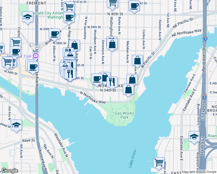map of restaurants, bars, coffee shops, grocery stores, and more near 3401 Wallingford Avenue North in Seattle