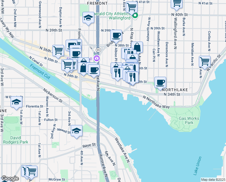 map of restaurants, bars, coffee shops, grocery stores, and more near 999 North Northlake Way in Seattle