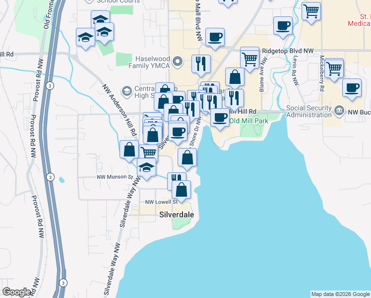 map of restaurants, bars, coffee shops, grocery stores, and more near 9339 Bayshore Drive Northwest in Silverdale