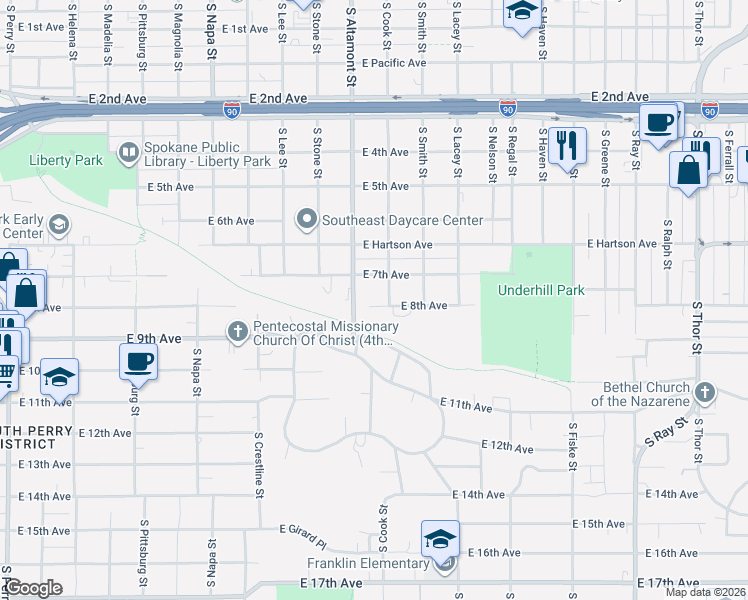 map of restaurants, bars, coffee shops, grocery stores, and more near 2404 East 7th Avenue in Spokane