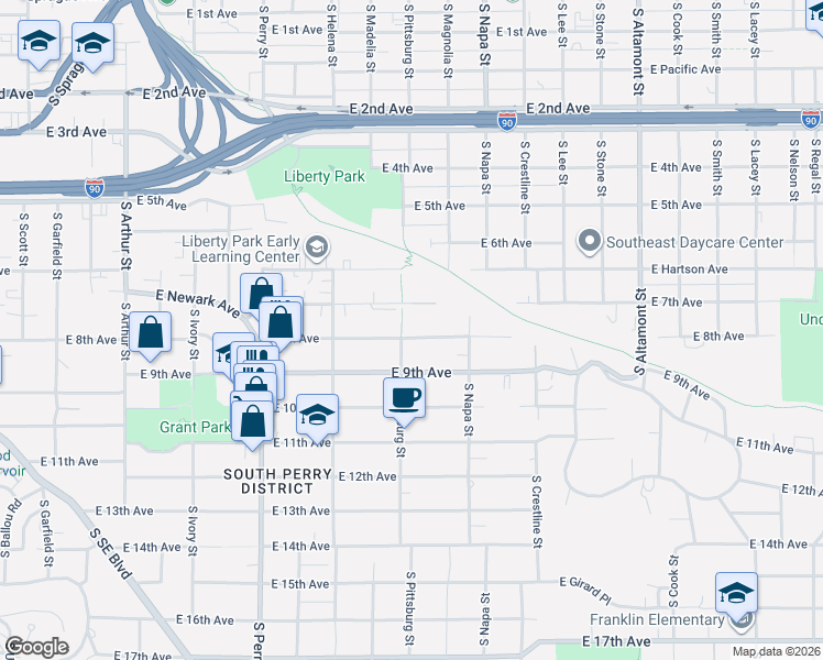map of restaurants, bars, coffee shops, grocery stores, and more near 1808 East 7th Avenue in Spokane