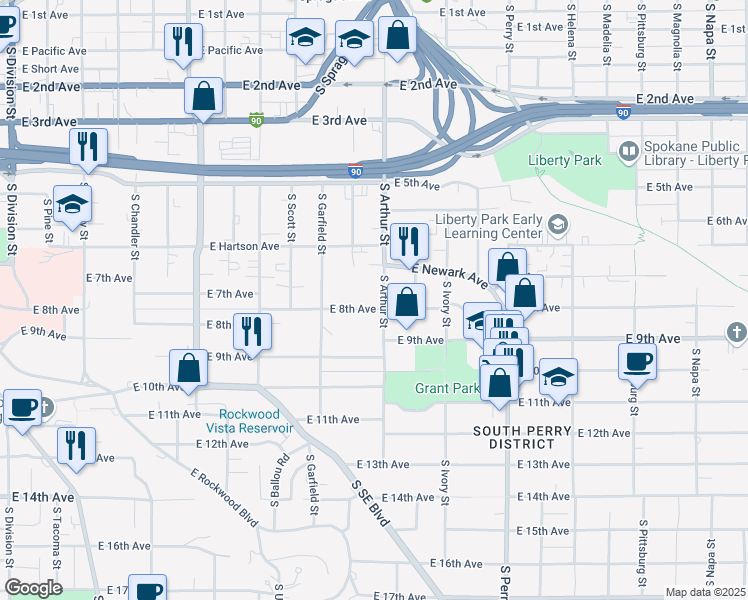 map of restaurants, bars, coffee shops, grocery stores, and more near 716 South Arthur Street in Spokane