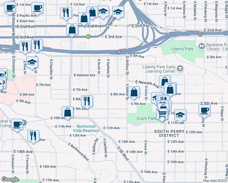 map of restaurants, bars, coffee shops, grocery stores, and more near 731 South Garfield Street in Spokane
