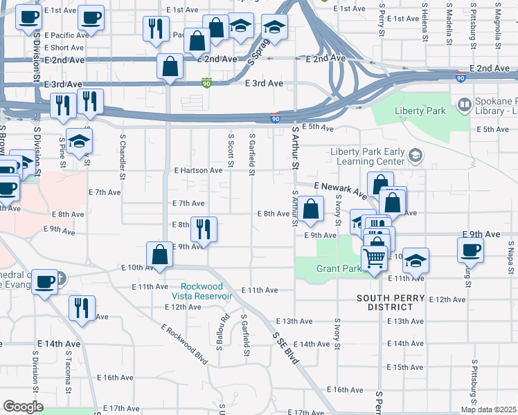 map of restaurants, bars, coffee shops, grocery stores, and more near 731 South Garfield Street in Spokane