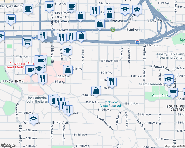 map of restaurants, bars, coffee shops, grocery stores, and more near 353 East 7th Avenue in Spokane