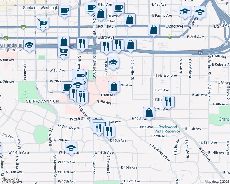 map of restaurants, bars, coffee shops, grocery stores, and more near 807 South Cowley Street in Spokane