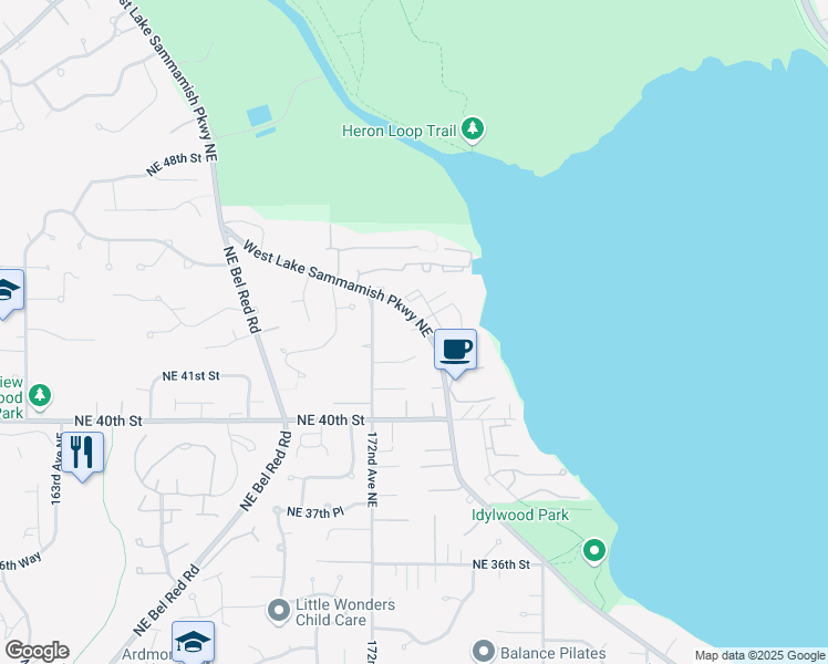 map of restaurants, bars, coffee shops, grocery stores, and more near 4250 West Lake Sammamish Parkway Northeast in Redmond