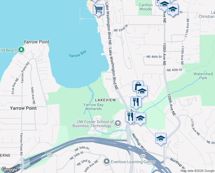 map of restaurants, bars, coffee shops, grocery stores, and more near 4323 Lake Washington Boulevard Northeast in Kirkland