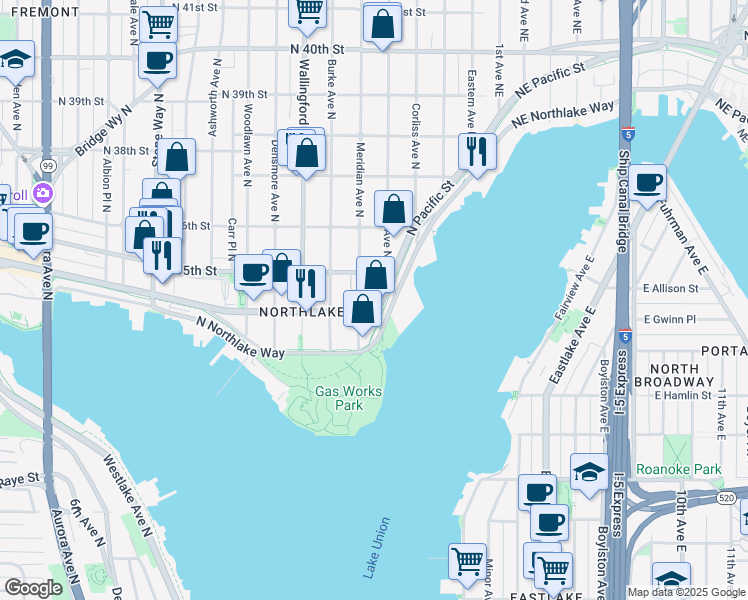 map of restaurants, bars, coffee shops, grocery stores, and more near 3465 Meridian Avenue North in Seattle