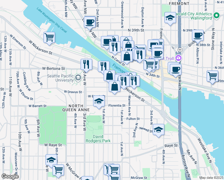 map of restaurants, bars, coffee shops, grocery stores, and more near 25 Nickerson Street in Seattle