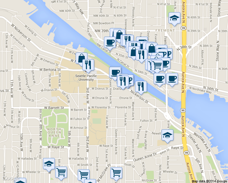 map of restaurants, bars, coffee shops, grocery stores, and more near 25 Nickerson Street in Seattle