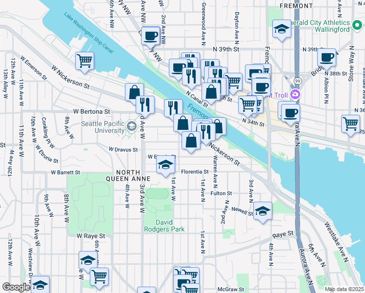 map of restaurants, bars, coffee shops, grocery stores, and more near in Seattle