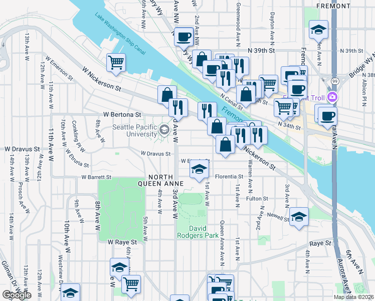 map of restaurants, bars, coffee shops, grocery stores, and more near 49 West Dravus Street in Seattle