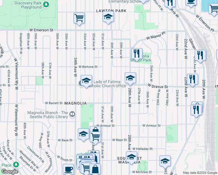 map of restaurants, bars, coffee shops, grocery stores, and more near 3206 30th Avenue West in Seattle