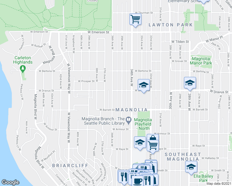 map of restaurants, bars, coffee shops, grocery stores, and more near 3514 West Dravus Street in Seattle