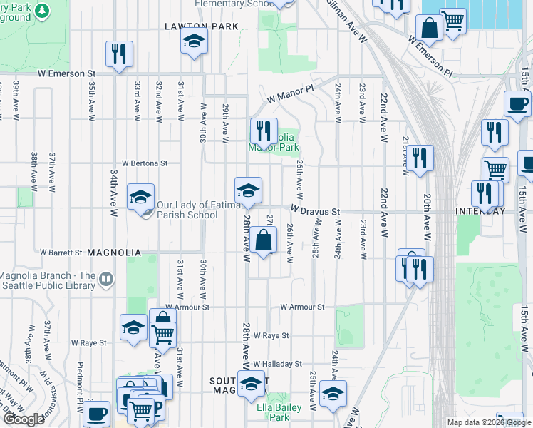 map of restaurants, bars, coffee shops, grocery stores, and more near 2703 West Dravus Street in Seattle