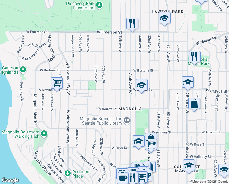 map of restaurants, bars, coffee shops, grocery stores, and more near 3517 West Dravus Street in Seattle