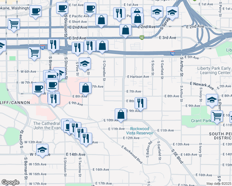 map of restaurants, bars, coffee shops, grocery stores, and more near 353 East 7th Avenue in Spokane