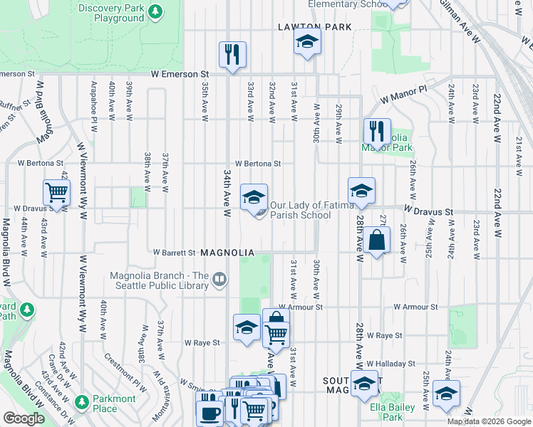 map of restaurants, bars, coffee shops, grocery stores, and more near 3053 32nd Avenue West in Seattle