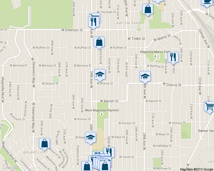 map of restaurants, bars, coffee shops, grocery stores, and more near 3053 32nd Avenue West in Seattle