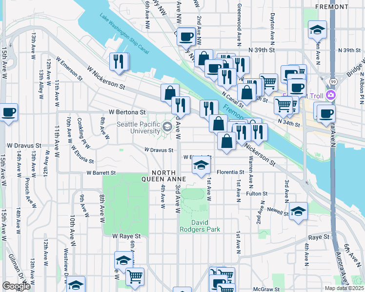 map of restaurants, bars, coffee shops, grocery stores, and more near in Seattle