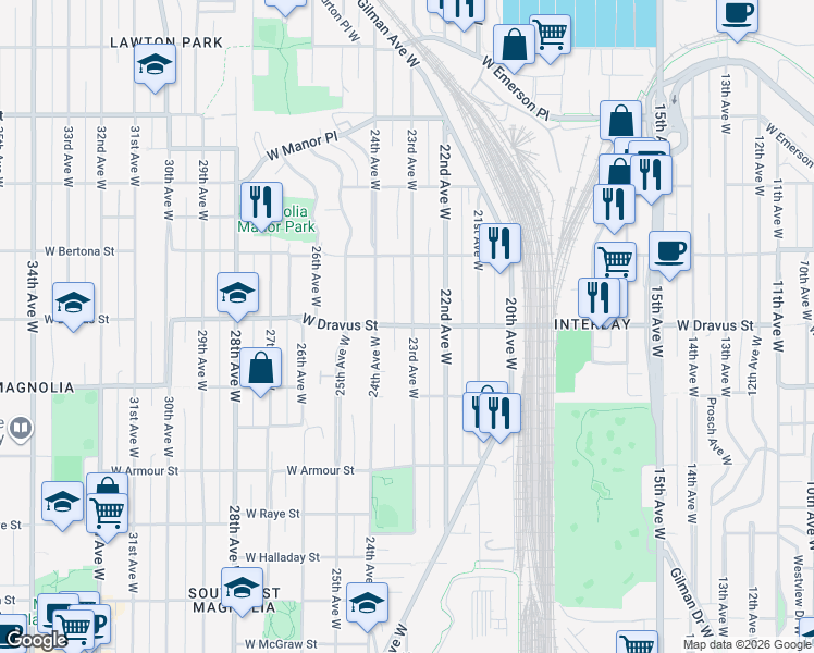 map of restaurants, bars, coffee shops, grocery stores, and more near West Dravus Street in Seattle