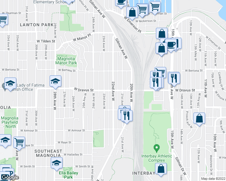 map of restaurants, bars, coffee shops, grocery stores, and more near W Dravus St & 22nd Ave W in Seattle