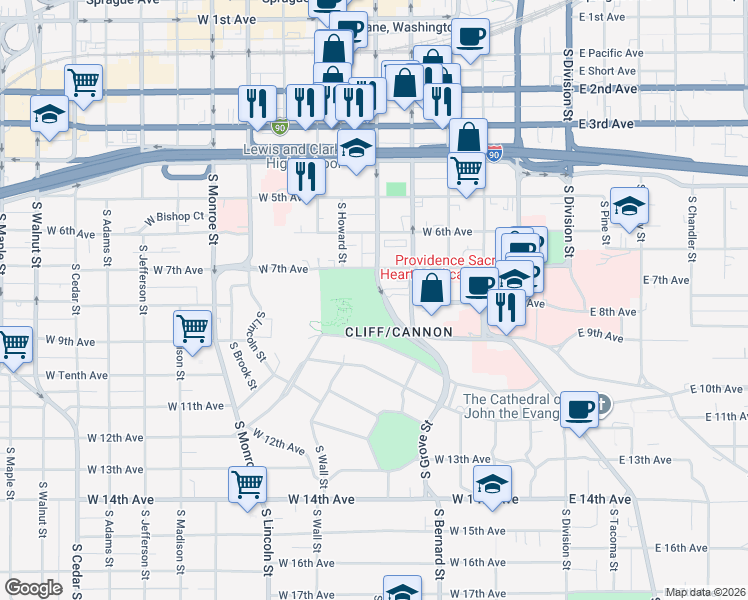 map of restaurants, bars, coffee shops, grocery stores, and more near 507 West 7th Avenue in Spokane