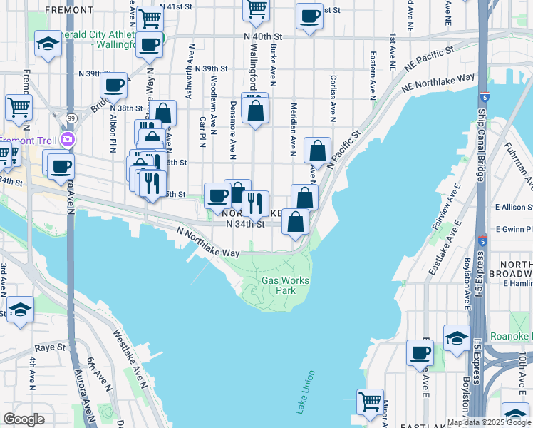 map of restaurants, bars, coffee shops, grocery stores, and more near 1850 North 34th Street in Seattle