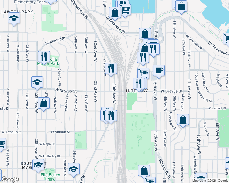 map of restaurants, bars, coffee shops, grocery stores, and more near 20th Ave W & W Dravus St in Seattle