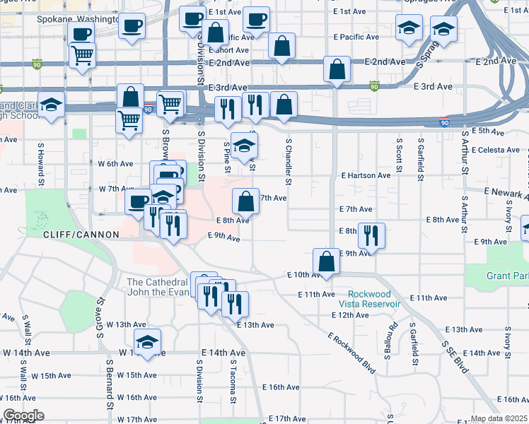 map of restaurants, bars, coffee shops, grocery stores, and more near 815 South Cowley Street in Spokane