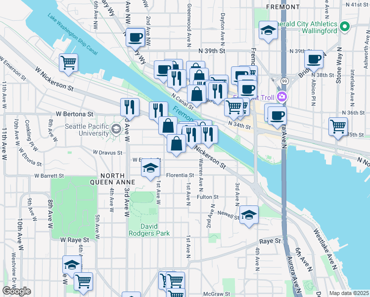 map of restaurants, bars, coffee shops, grocery stores, and more near 25 Nickerson Street in Seattle