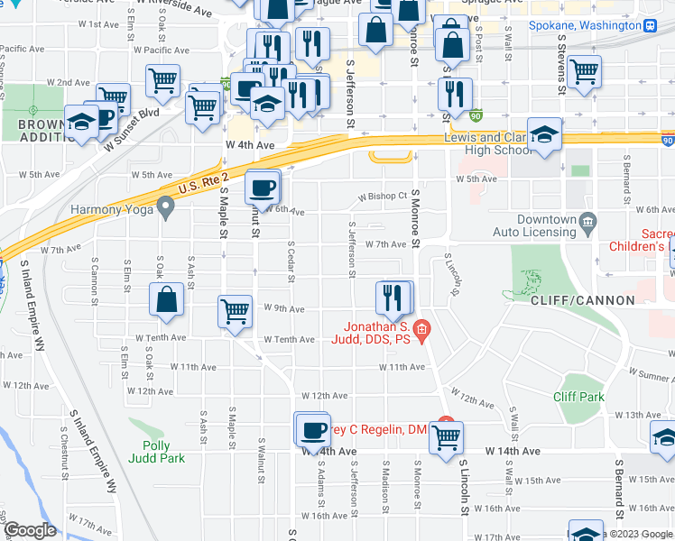 map of restaurants, bars, coffee shops, grocery stores, and more near 1214 West 8th Avenue in Spokane