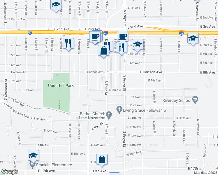 map of restaurants, bars, coffee shops, grocery stores, and more near 3407 East 8th Avenue in Spokane