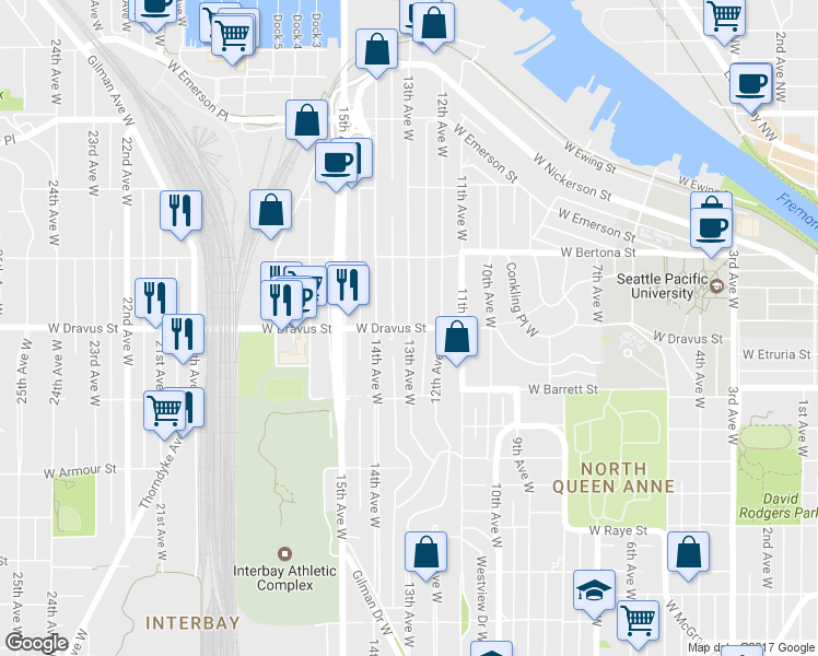 map of restaurants, bars, coffee shops, grocery stores, and more near W Dravus St & 13th Ave W in Seattle