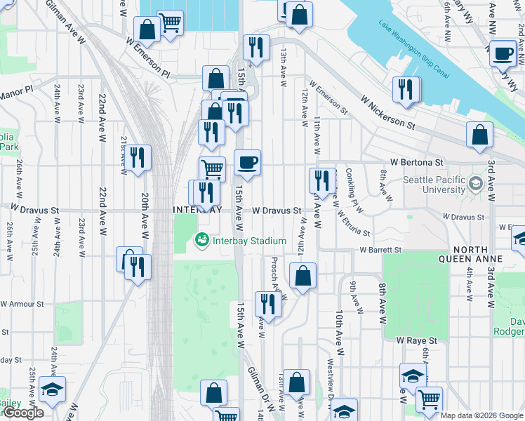 map of restaurants, bars, coffee shops, grocery stores, and more near in Seattle