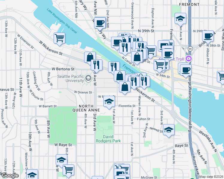 map of restaurants, bars, coffee shops, grocery stores, and more near in Seattle