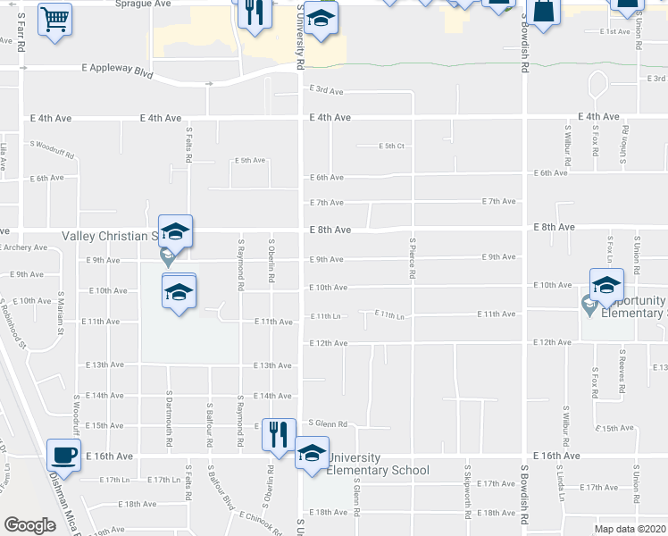 map of restaurants, bars, coffee shops, grocery stores, and more near 10807 East 9th Avenue in Spokane Valley